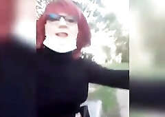 sissy bitch in bourgeois outfit at the public garden