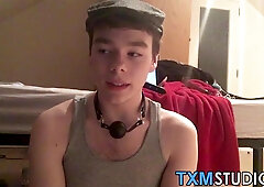 Young amateur rides big dildo while stroking his hard dick