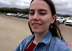 Sia Wood gives a deep throat blowjob in the car with hairy armpits and pussy on display