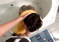 Hot Brunette hair Camilla Moon Sucked in the Bath and Cum on Face