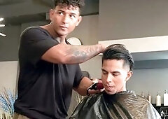 Angel Santana rides his barber Kenzo Alvarez and takes it doggy style against the shop mirror
