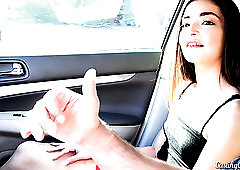 Giggling happy dark haired girl Emily Willis is ready to provide dude with a BJ