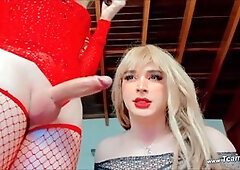 Trans babe takes a hard bareback pounding from behind