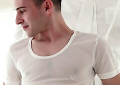 Innocent Oliver James bondaged while his dick gets jerked off by Legrand Wolf