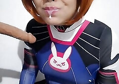 Trans cutie with Dva Cosplay and SADOMASOCHISM Nosehook Giving a Oral, Eating Cum and Deepthroat to Large Sex-toy