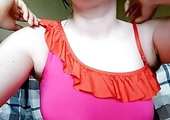 Hairy mom Alicedusty in a snug swimsuit gets cozy and rubs herself