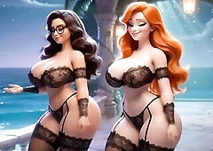 The irresistibly curvaceous Velma and Daphne find a magnificent glowing crystal villa on the'sland. Clothed merely in tender sheer ebony lace hau