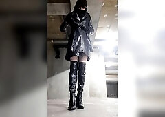 1st time in public in a parking lot Leather ???? coats and mini petticoat