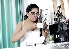 Ananda Ray is making coffee at her table, but showing off her shaggy vagina up her petticoat. That Babe gets in nature's garb on her pillow, and 