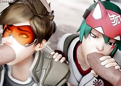 CG Overwatch animation of Tracer and Kiriko sharing a schlong. Begins with blowjobs and proceeds into cowgirl riding. Focused animated oral job and ri