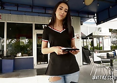 Smiling waitress Kiarra Kai is fucked and fed with sperm in hot POV video