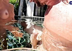 Real vehement sex underwater of a pair in love on vacation, risky outdoors