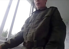 Russian Soldier Smokes, Spits, And Masturbates His Dirty Cock And Cums On His Army Shoes