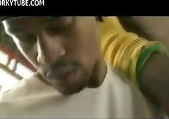 Car workshop and three sexy latinos with big cocks blowjobs and fuck handjobs and cumshots