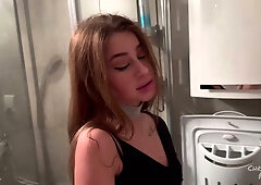 Leather-clad brunette gives intense oral in bathroom with spit play