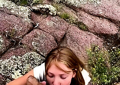 Cum starved teen sucks boyfriend's cock clean outdoors