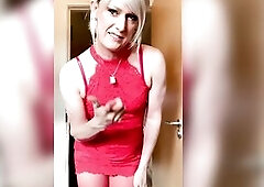 Lady in red teasing in her red mini suit, sheer nylons & stripper heels!