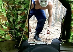 Hooded villain pummels heavy-breathing traveler in the forest HORROR PORNO