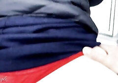 Public Bang and Oral Pleasure in a hotel elevator - risky spunk fountain on booty and whiped cum at elevator wall !