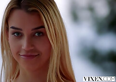 Flat chested blonde and her busty fiend share a cock by the pool