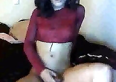 Horny amateur shemale strokes her hard schlong on a webcam