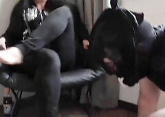 Psycho Headmistress Ronja`s Hard Sock Smelling Training! Thrall Maskenjoe has to smell the perspired feet in the socks of his Psycho Mistresse Ronja. 