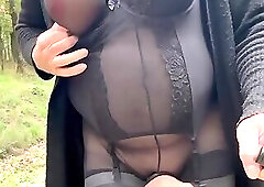 Crossdresser walks with a boner