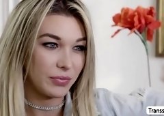 Tgirl blonde Aubrey Kate loves sucking Brendan huge cock