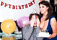 Busty brunette Elle Flynn titfucked and gaped with legs spread