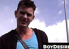 Threesome in a moving car with a cock-craving twink