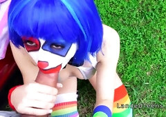 teen 18+ in clown costume banging outdoor to cumshot