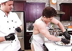 Prolapse cook stud assfisted in kitchen by cook chief