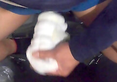 Asian carpenter wanks with his handmade towel Onaho