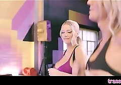 Big tits blonde Kenzie Taylor fucked by a horny shemale coach Kayleigh Coxx