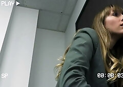 Young blonde Demi Hawks rides a security officer's thick cock in a backroom POV scene