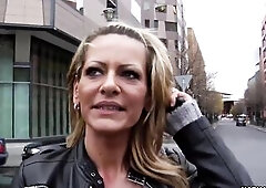 Eve flashes her huge boobs on the street in advance of coming back to his place where that babe groans during the time that that babe gets her constri