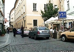 2 buddies pick up and fuck old blond granny