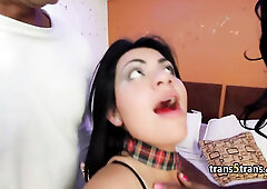 Hottie ravaged by shemale & lustful guy