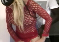 Interracial with a slutty blonde in fishnet outfit