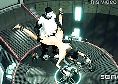 Sci-Fi sex machine. A super hot brunette hair gets banged by humanoid robot tgirl