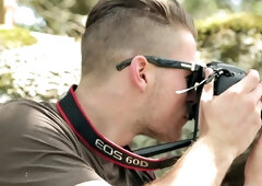 Tattooed jock rides dildo during solo action