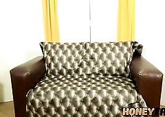 Sexy golden-haired tgirl undresses underware and strokes