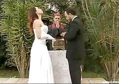 Beautiful brunette shemale fucks her groom husband at wedding