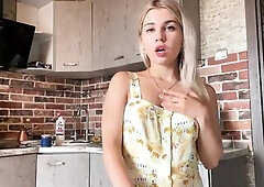 Your wife was cleaning the kitchen and suddenly decided to prepare for your arrival. This babe sat on the floor and began to stretch her twat until th