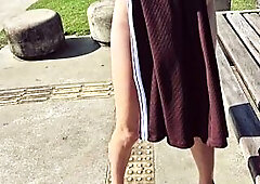 Wife takes off her panties and walks around the park in public wearing merely her pants!
