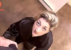 Amateur busty blonde MILF sucks dick POV and gets cum on her boobs