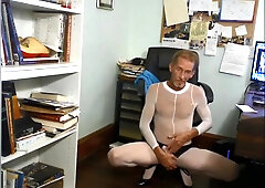 ROBERT RICHARD MILGATE SHEER WHITE BODYSTOCKING AND HEELS