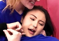 Athletic trans girls staged a real bukkake of an Asian ladyboy right in the locker room.