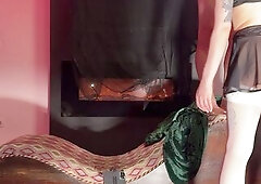 Tugjob expert Halloween wench in dress gives a tugjob does try on haul to tease and get precum with balls massage