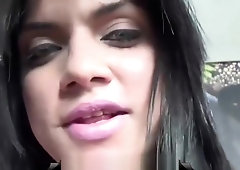 Stunning blue eyed shemale with big tits enjoys solo masturbation